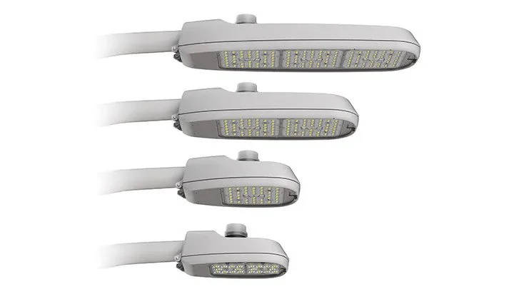 The image provided displays the Lumec RoadFocus Plus LED cobra head luminaires, which are a line of street lights manufactured by Signify. These luminaires are available in four sizes: nano, small, medium, and large.