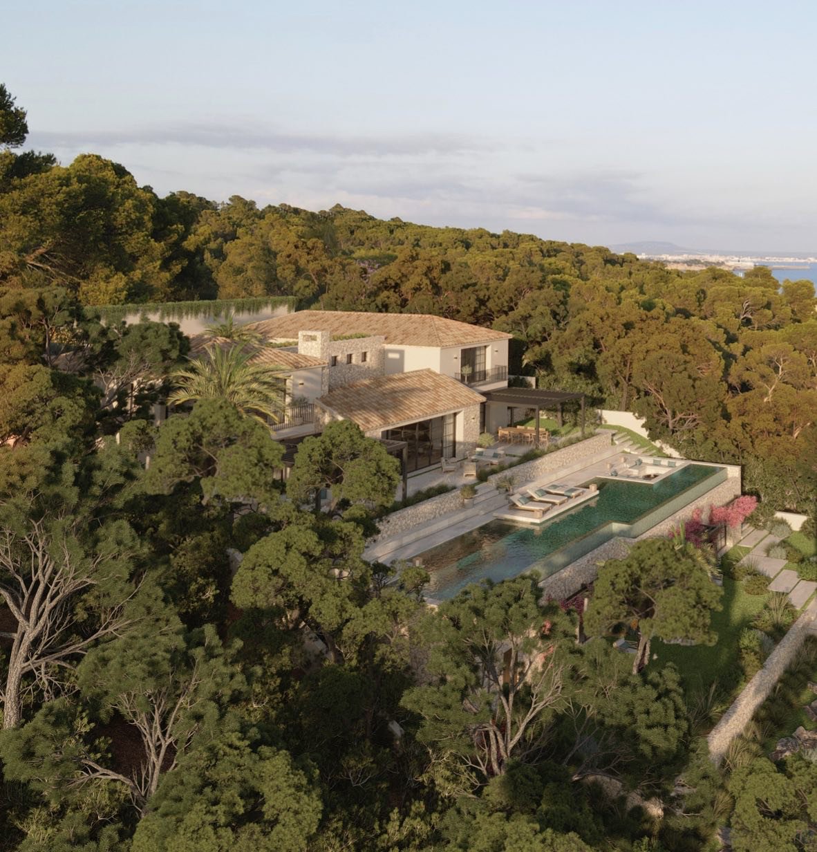Villa with infinity pool and sloped terrain with pine forest