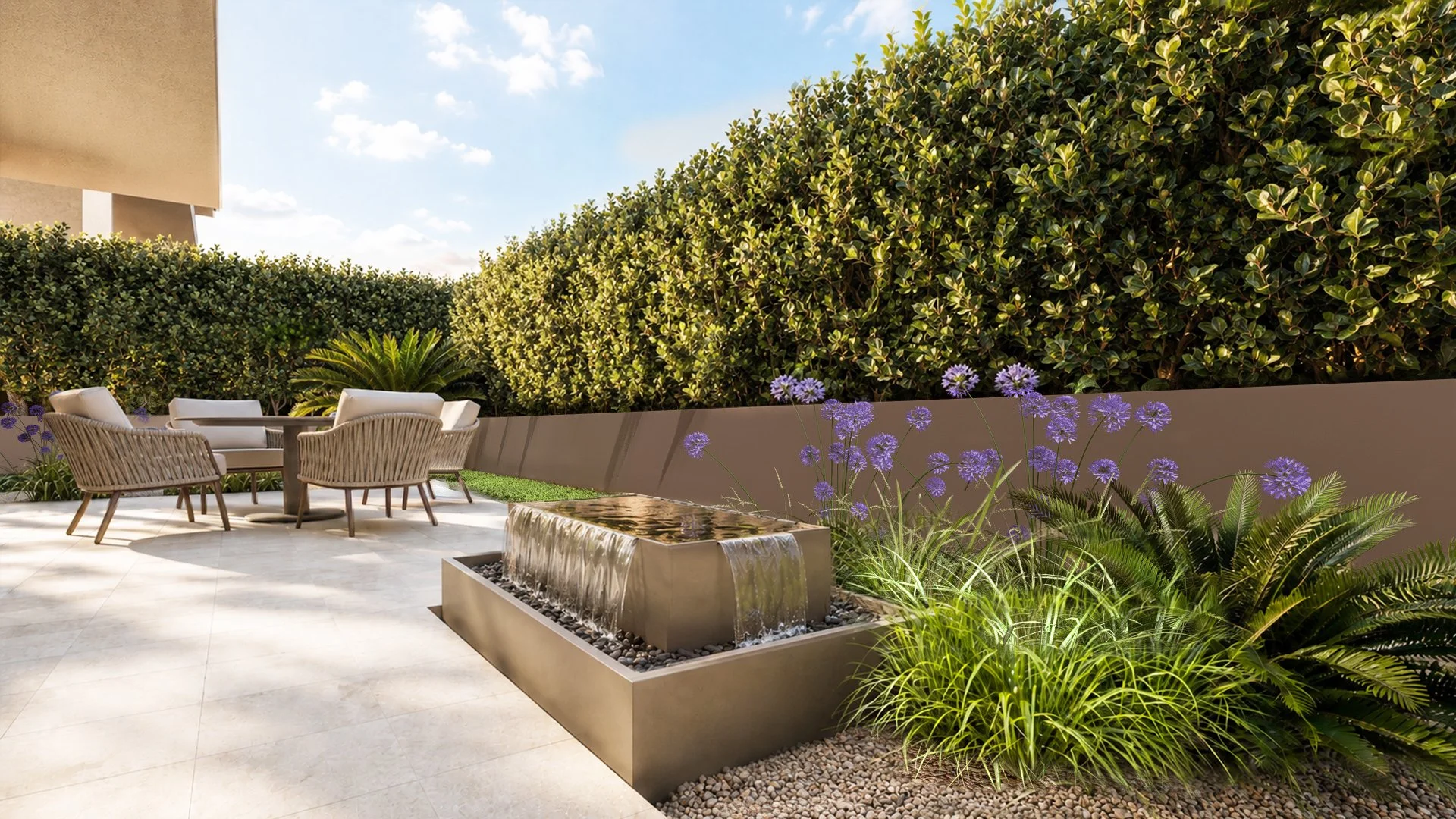 private garden with custom water feature and planters