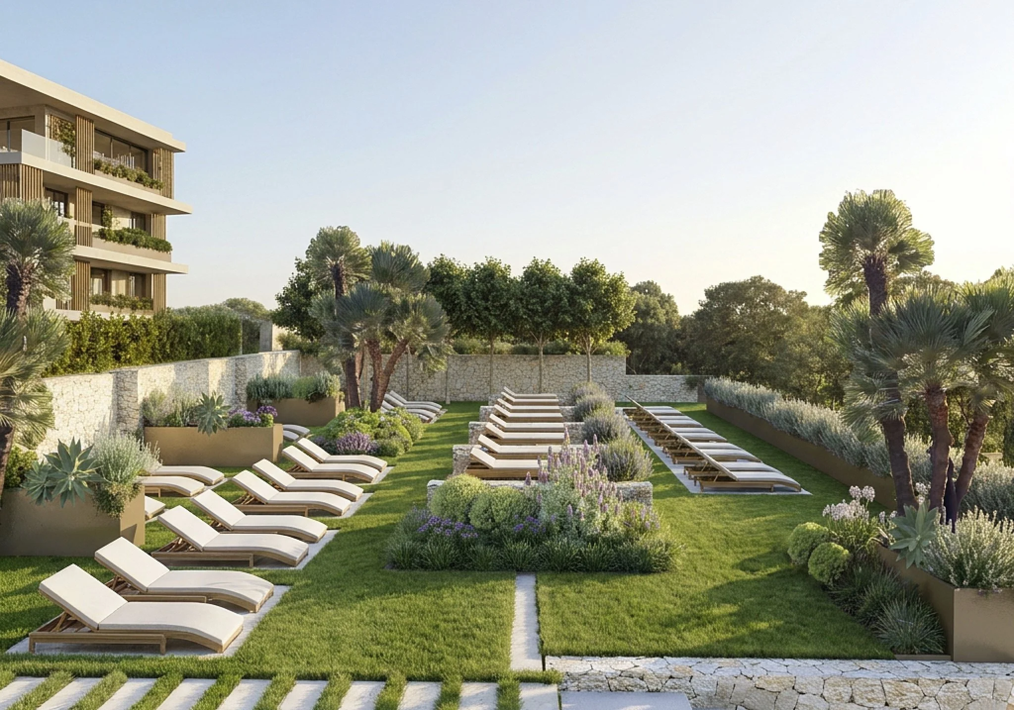 Pool garden with native palm trees