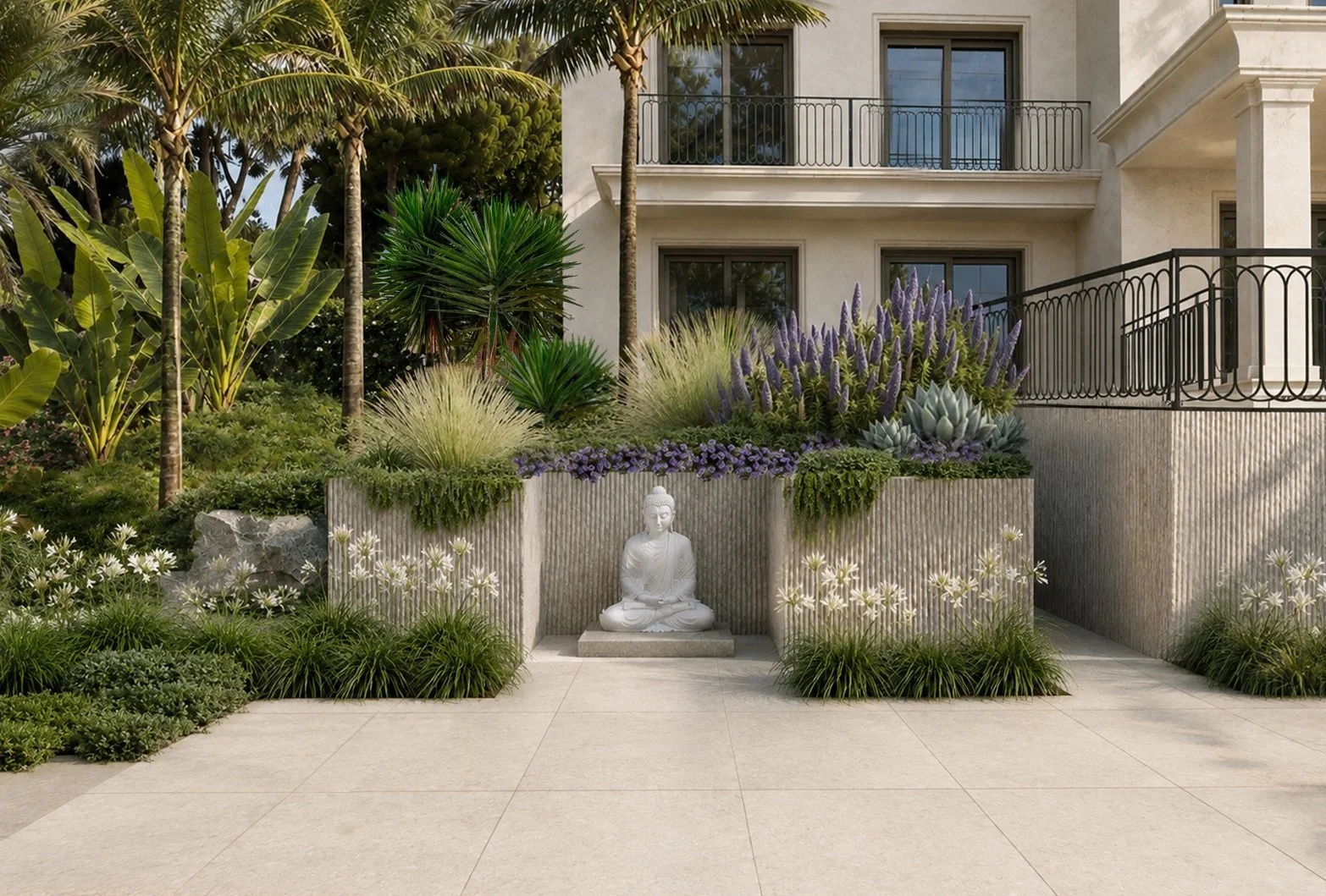 Contemporary garden with buddha wall niche, palm trees, and succulents