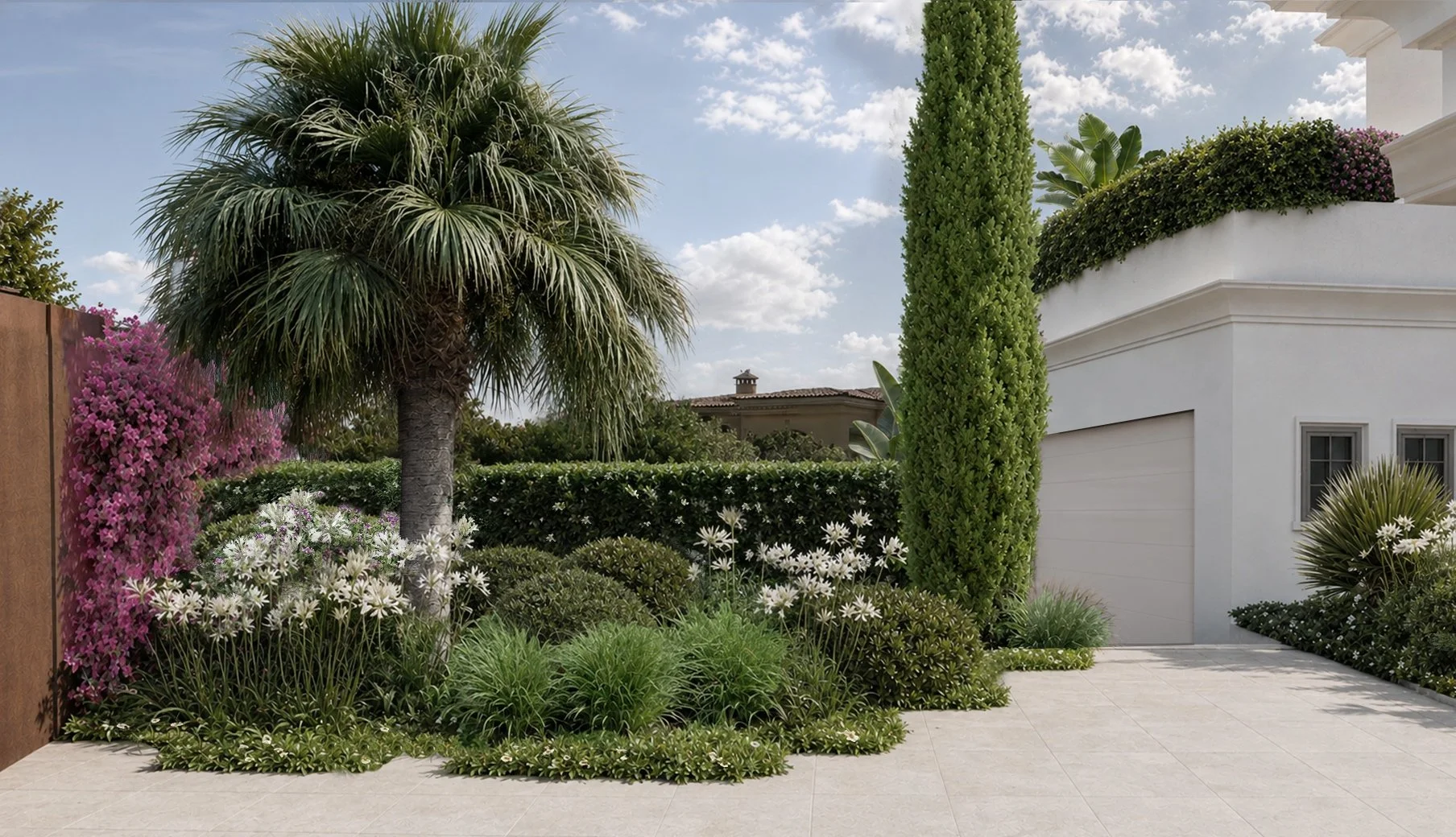 Mediterranean garden for contemporary villa with palm tree, cypress and lush landscape