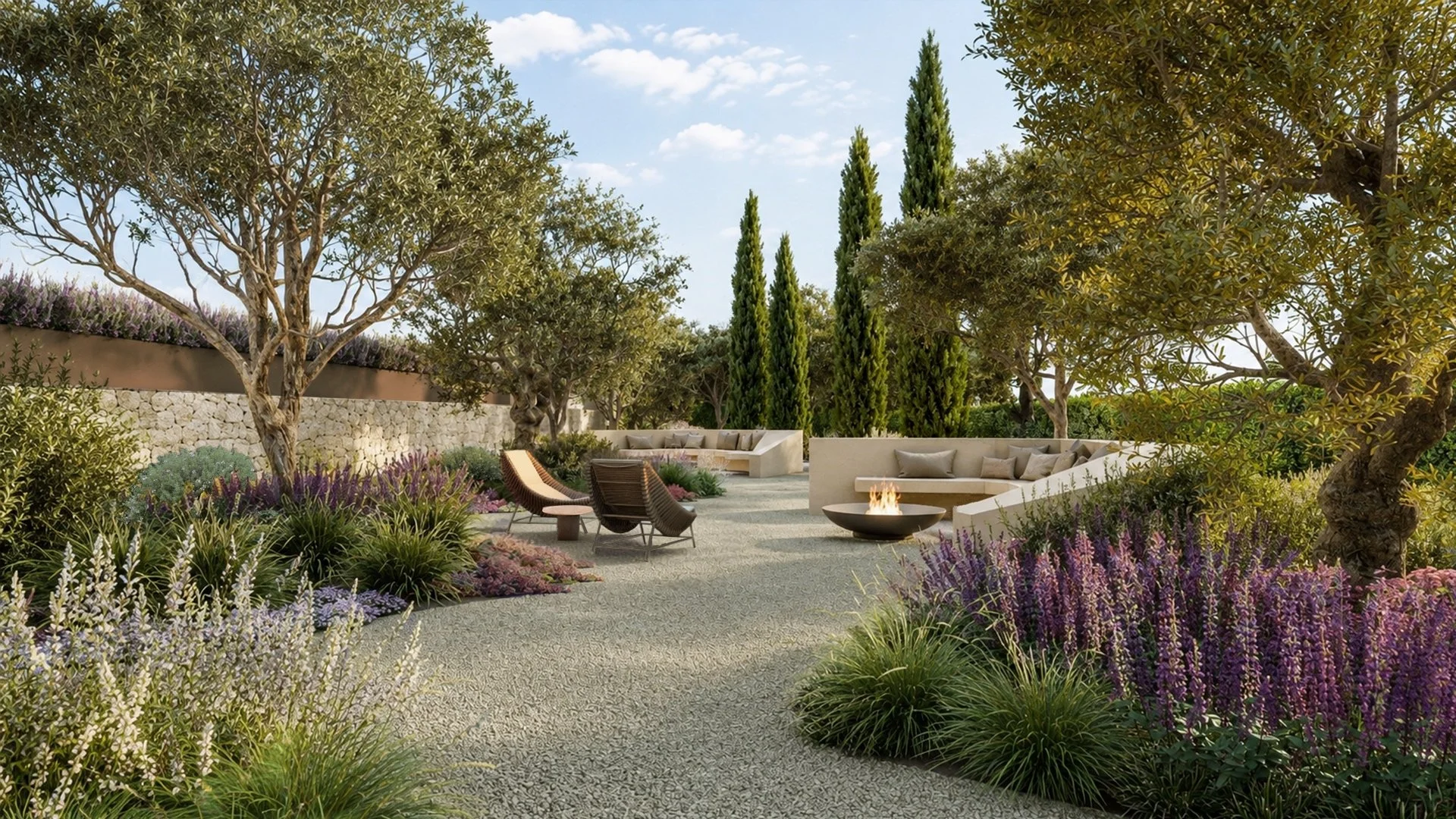 Custom fire pit lounge area in gravel with naturalistic planting