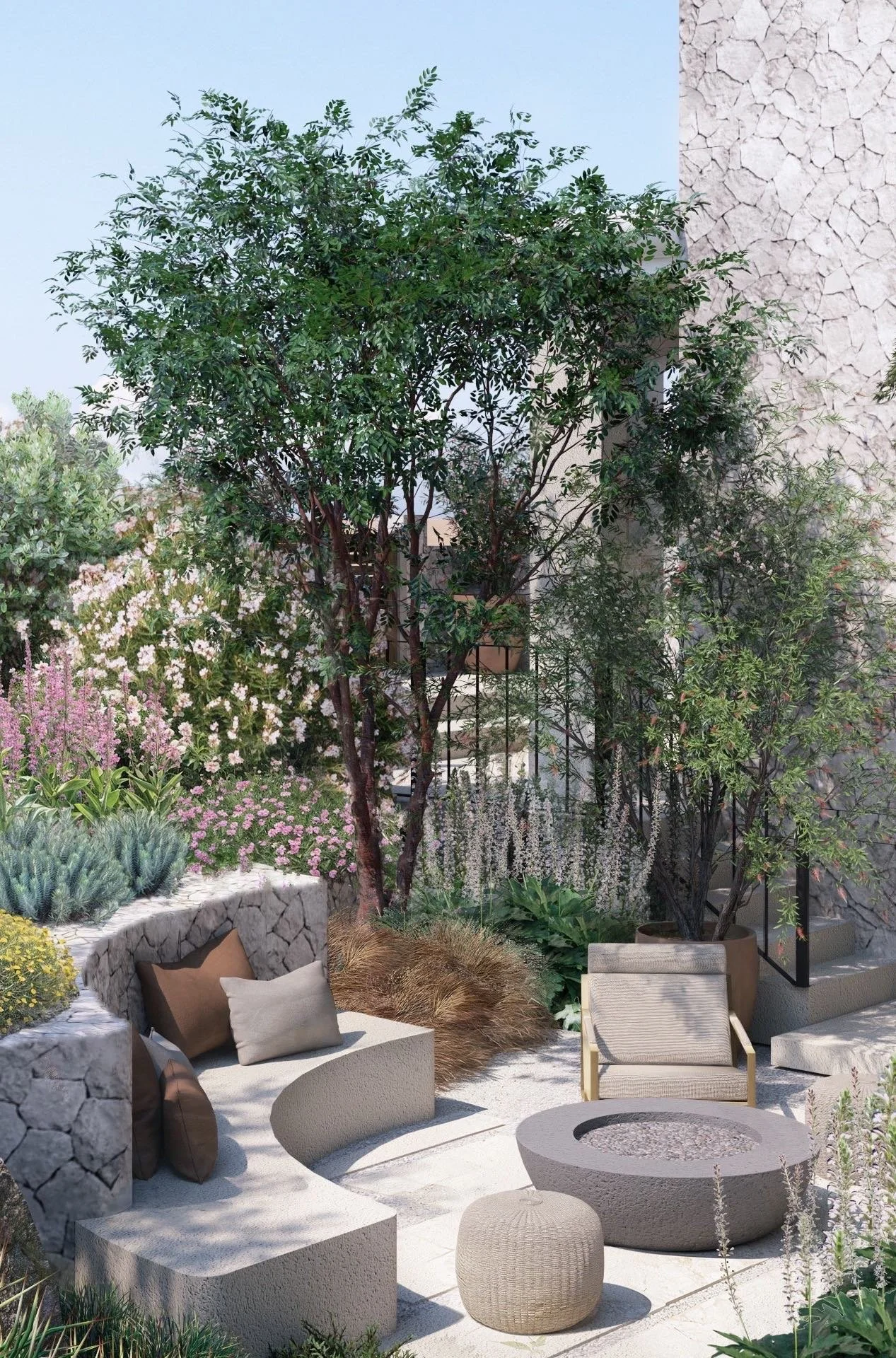 Slope front garden with stone retaining walls and bench