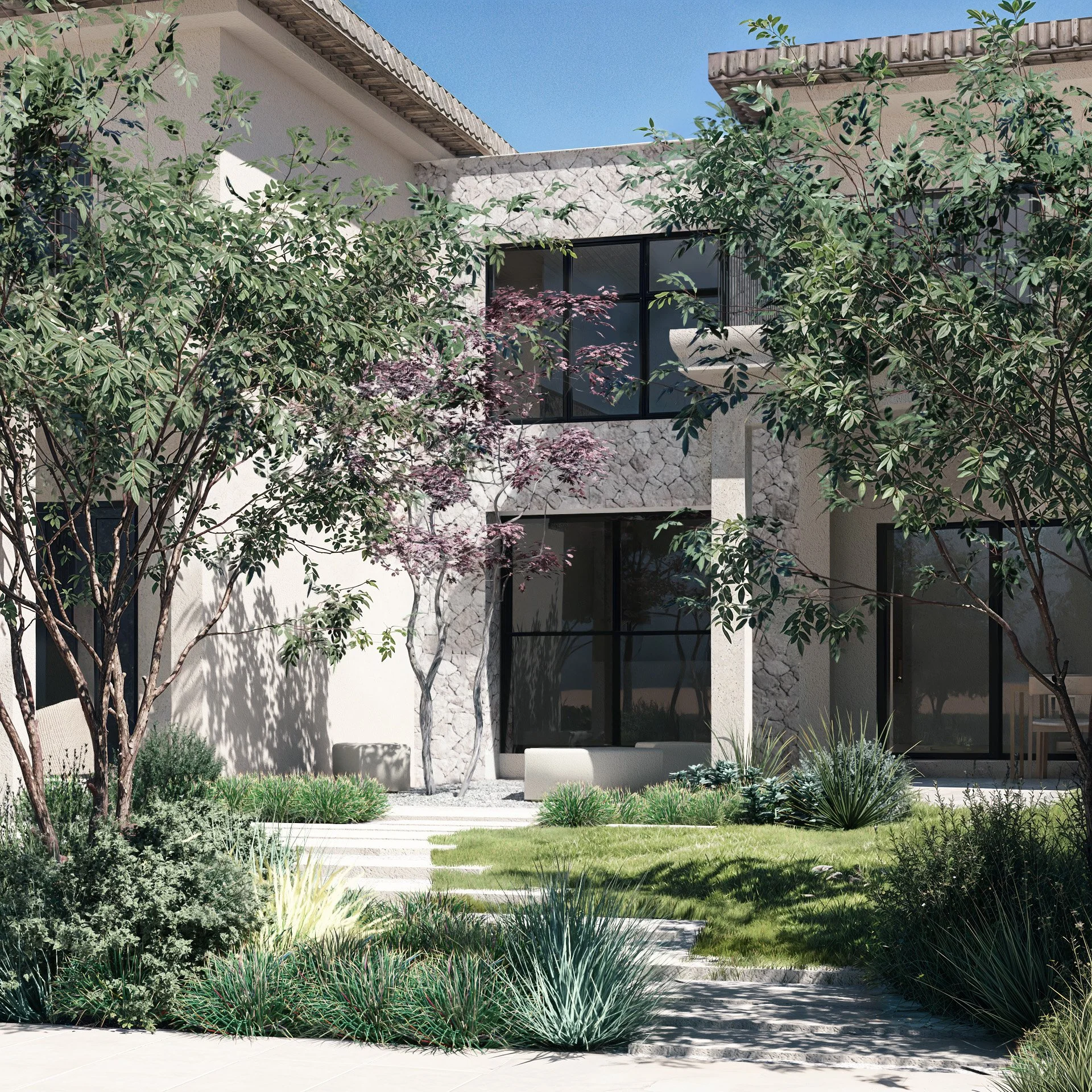 Stone path with meadow planting