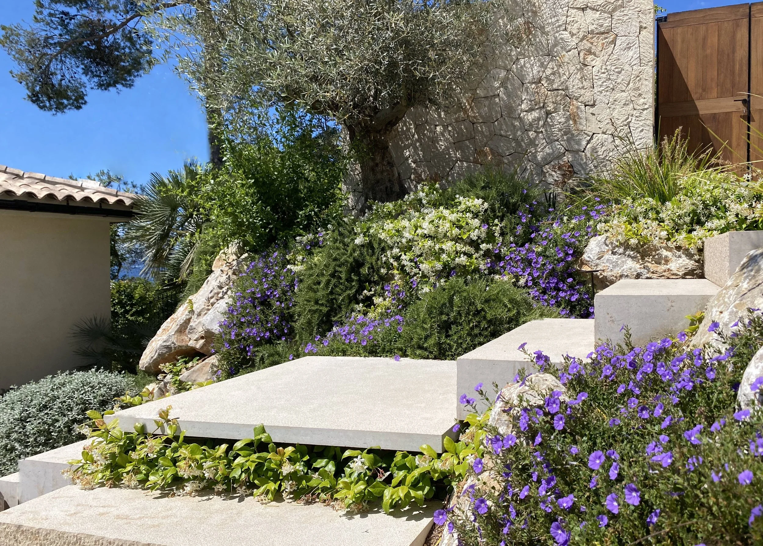 Solid stone steps and sculptural boulders with planting