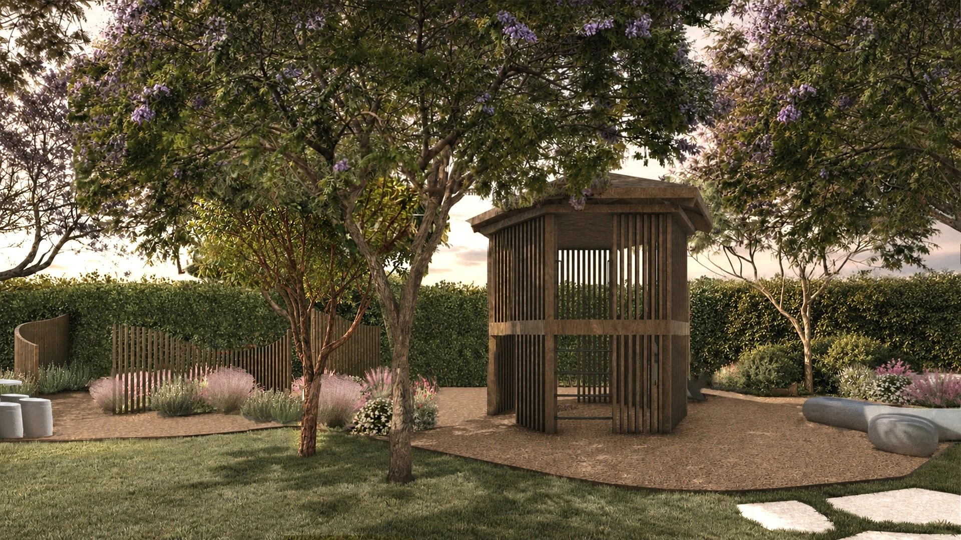 Modern play garden with house and wood screen