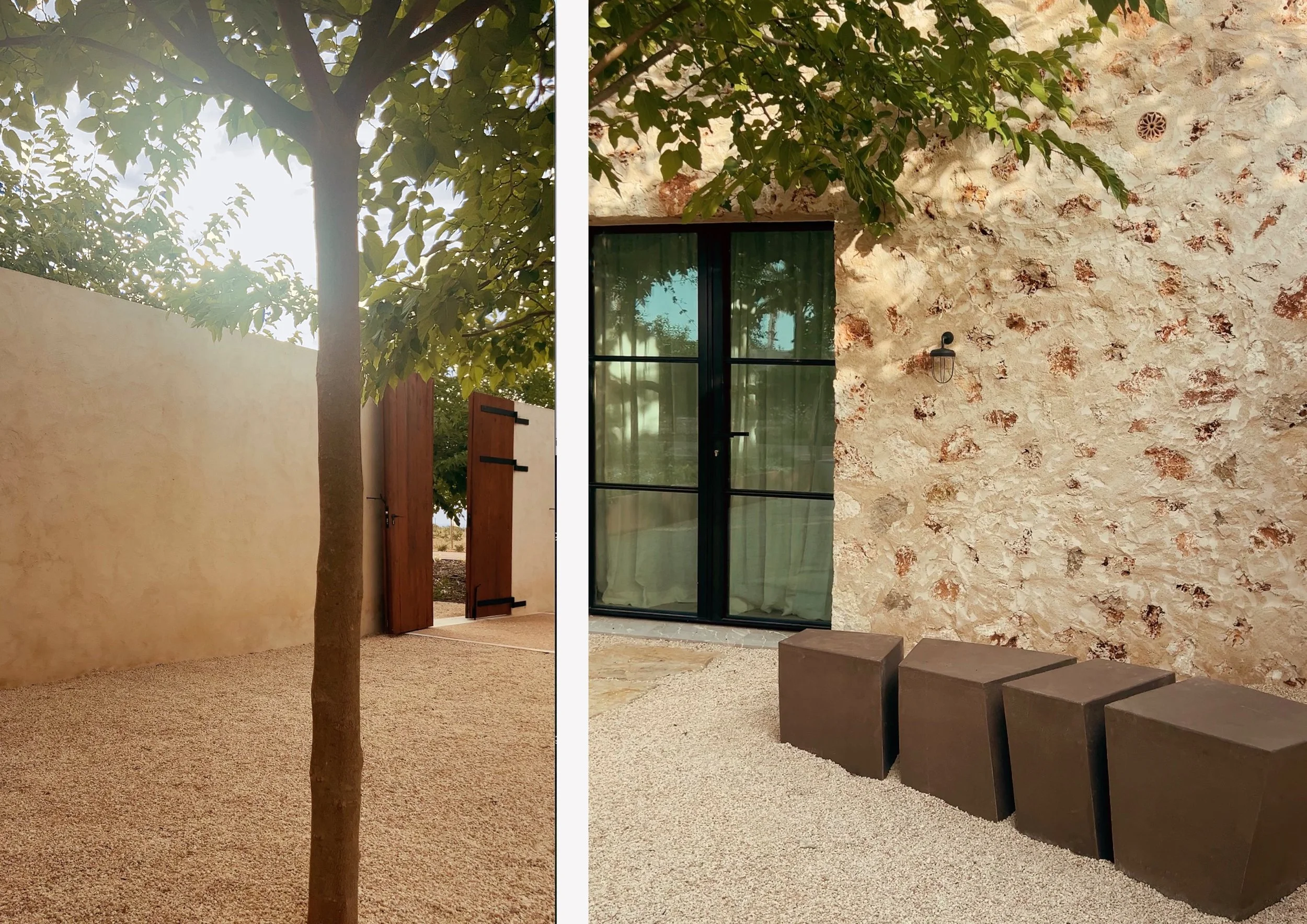 Mediterranean courtyard with sculptural bench