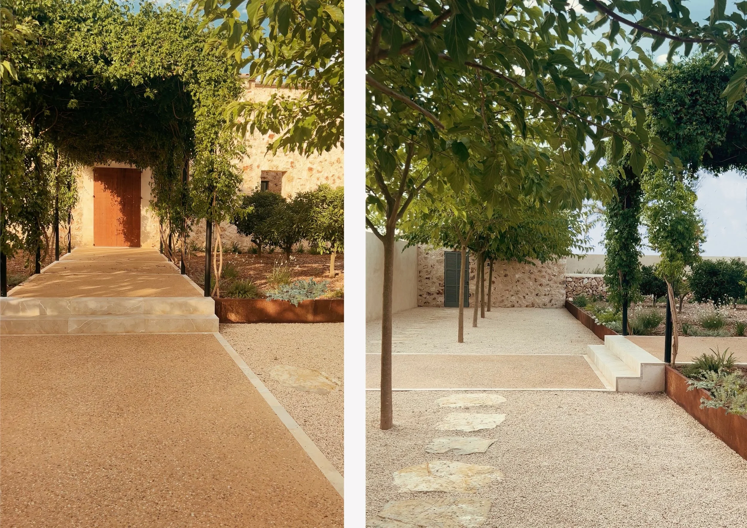Interior courtyard patio with gravel and trees