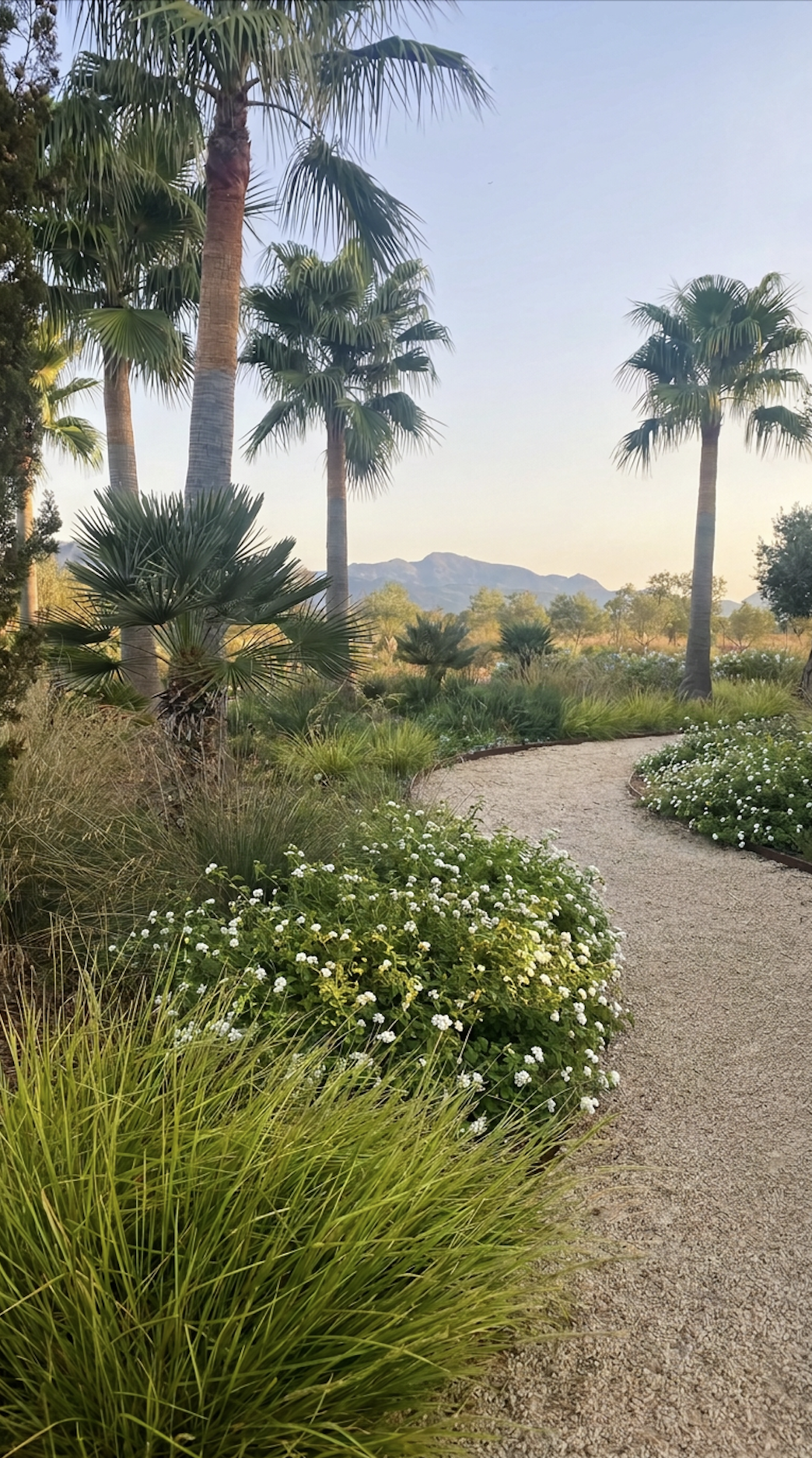 Palm garden with ornamental grass meadow and curving gravel path