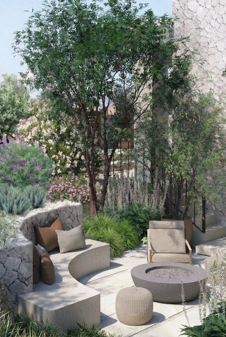 Sloped front garden with stone retaining walls and built in bench