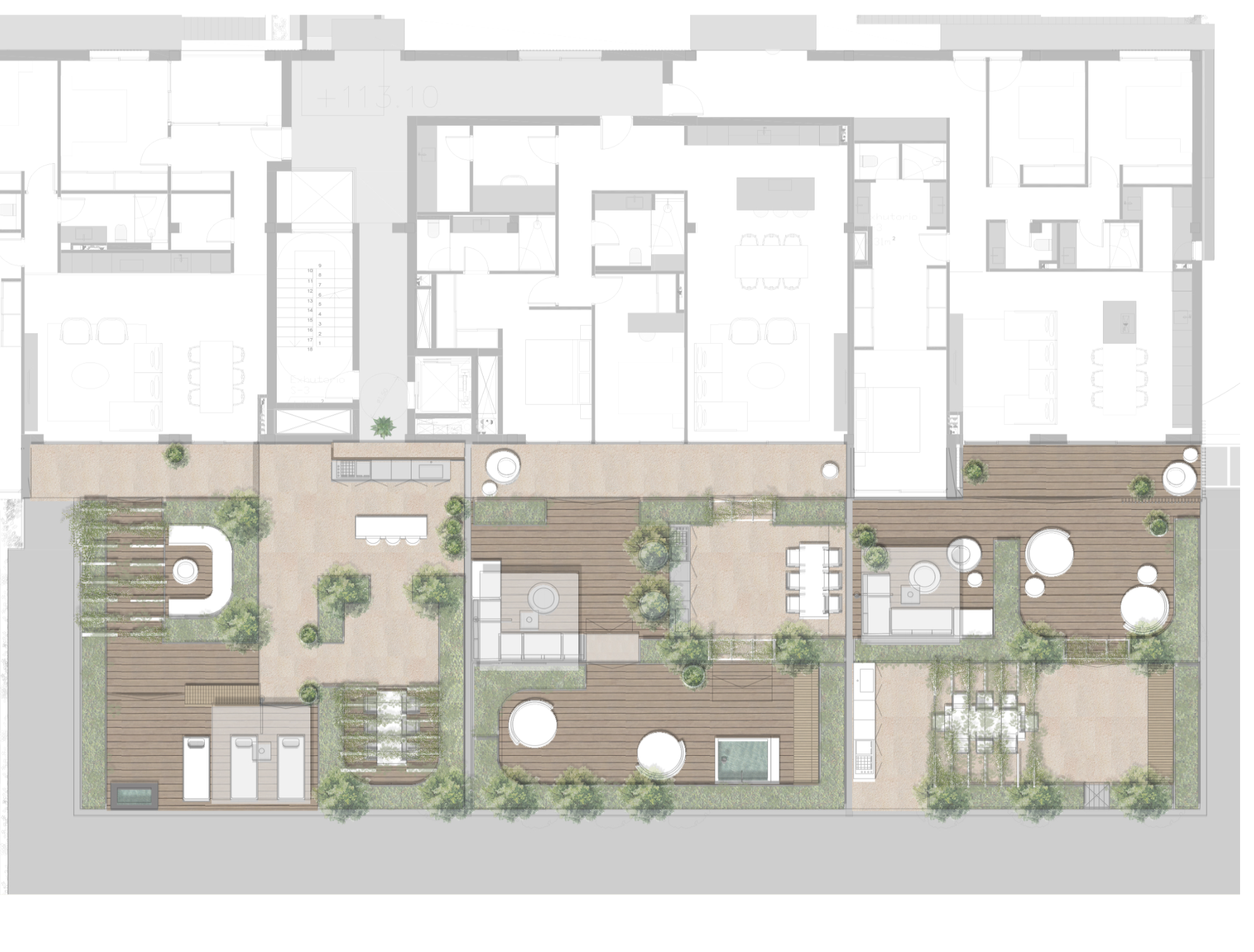 Roof top terrace design with outdoor kitchen and dining space, water feature and outdoor lounge