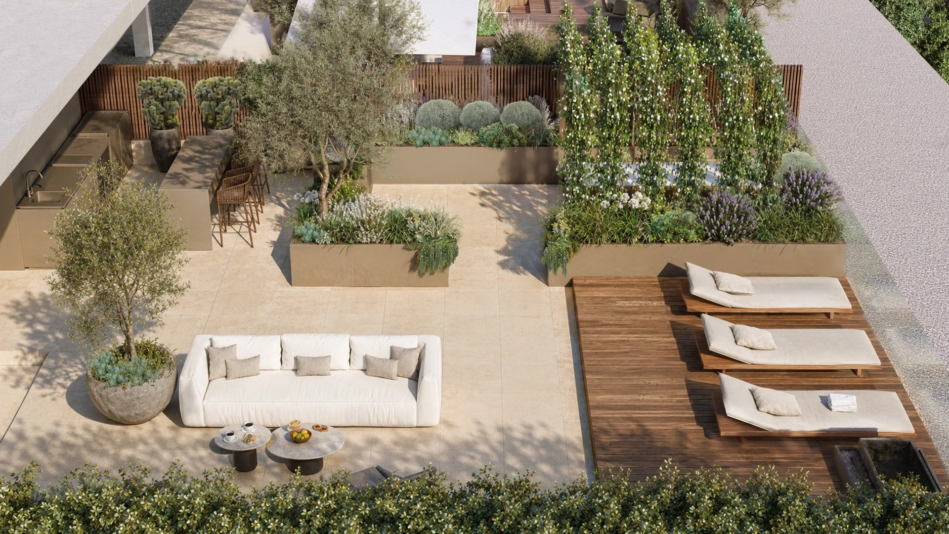 Rooftop terrace with outdoor kitchen dining terrace and sun deck