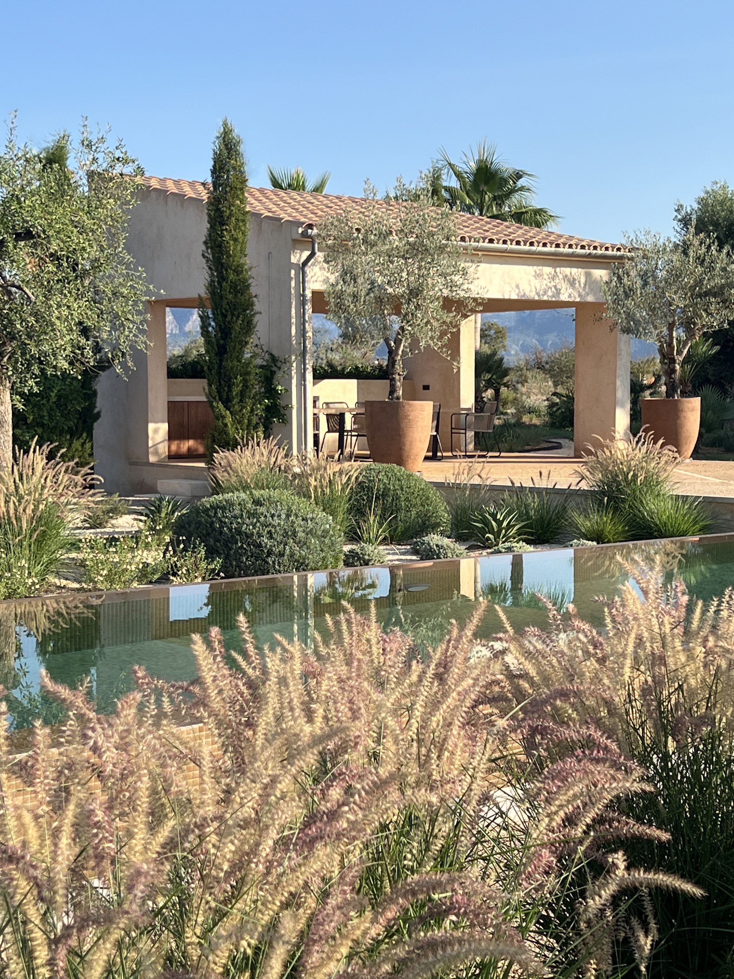 Infinity pool with Mediterranean garden and outdoor eating  pavillion