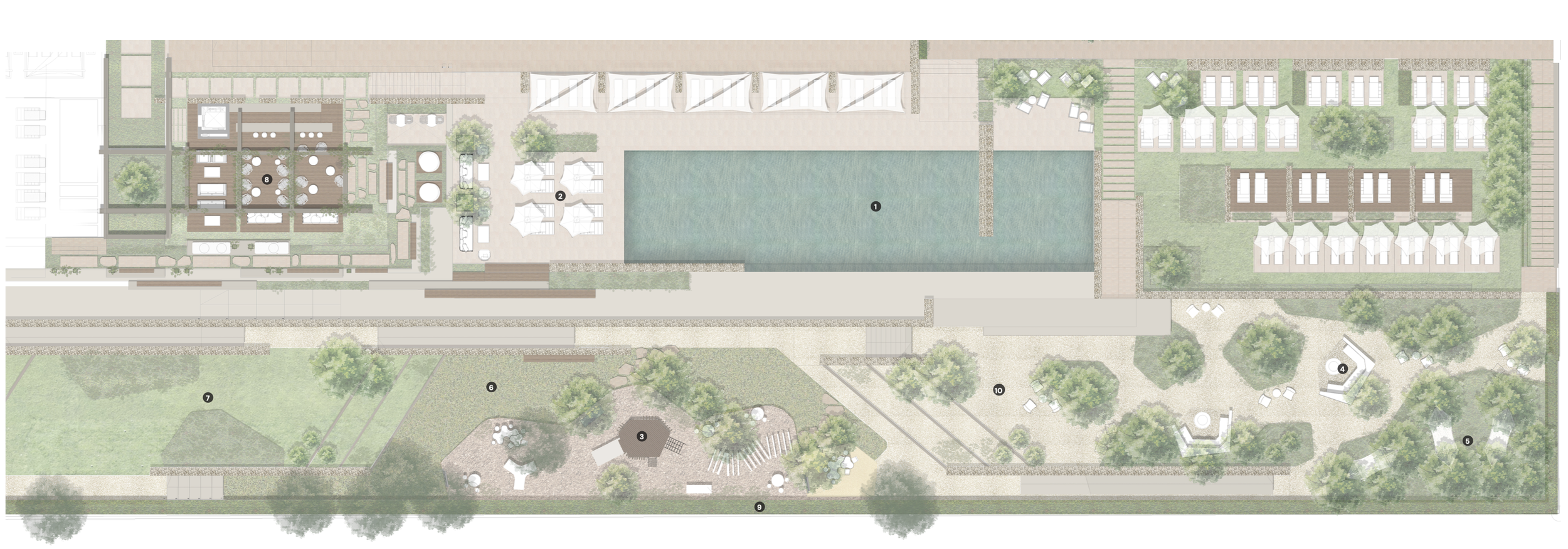 Residential garden design plan for communal outdoor space with pool, children's garrden and lounging