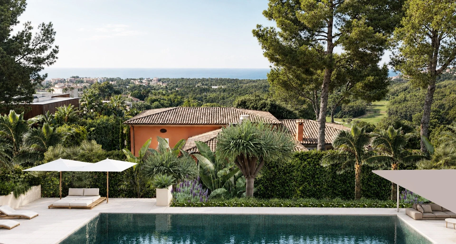 Mallorca Sea view villa with pool garden of tropical palms, pine trees and pergola