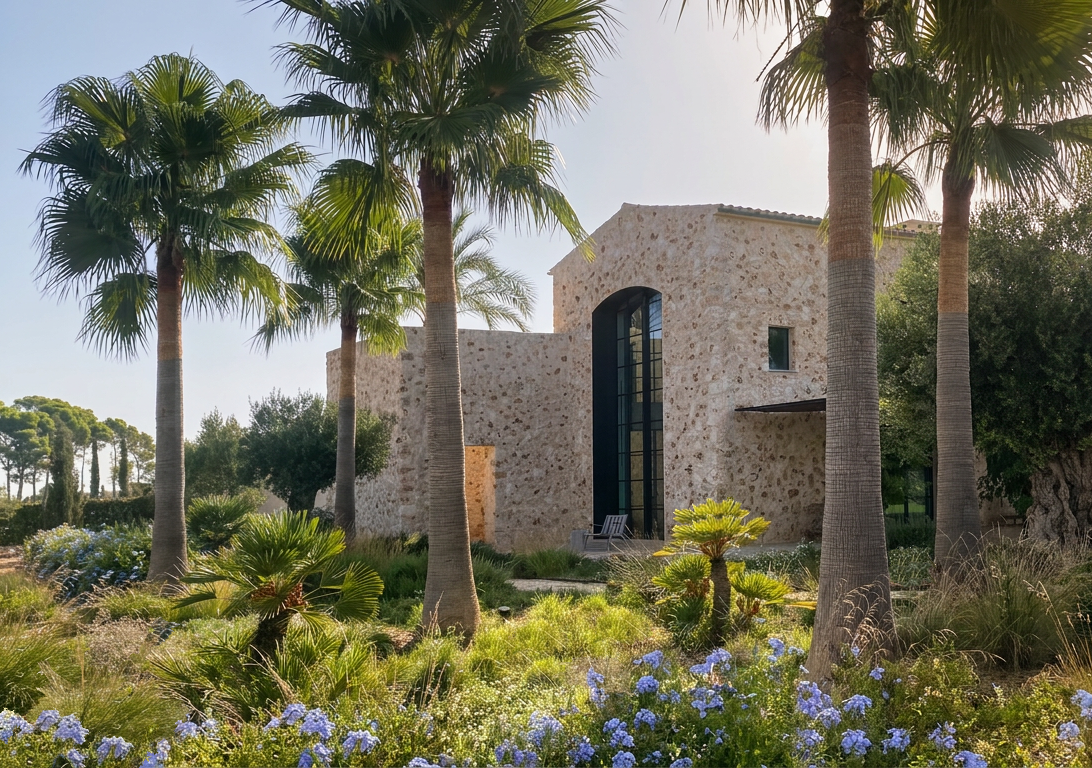 Palm garden transformation with ornamental meadow for large country estate