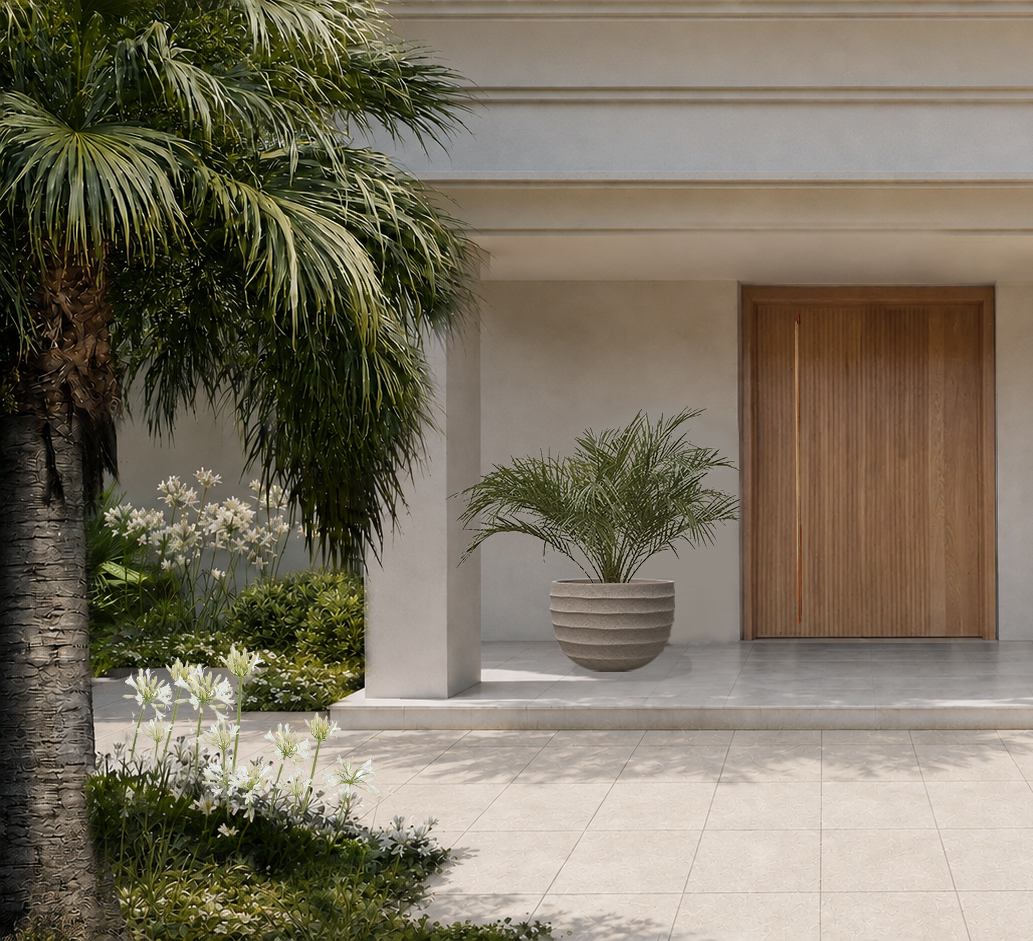 Mallorca front garden with palm trees, agapanthus, front pot and lush landscape