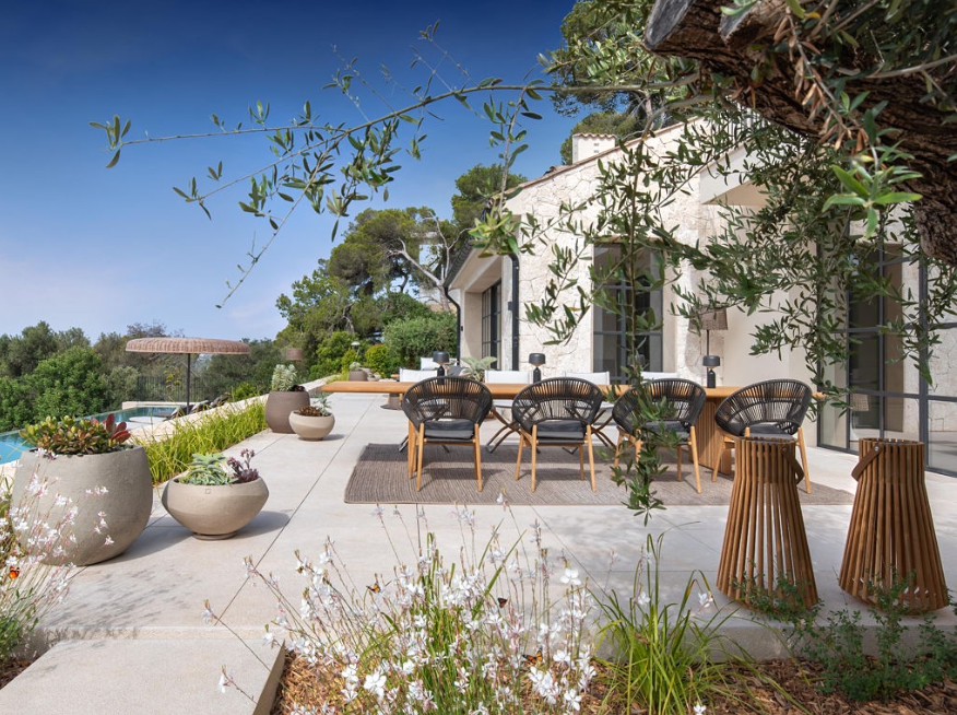 Mediterranean pool terrace with outdoor dining and exterior furniture and garden