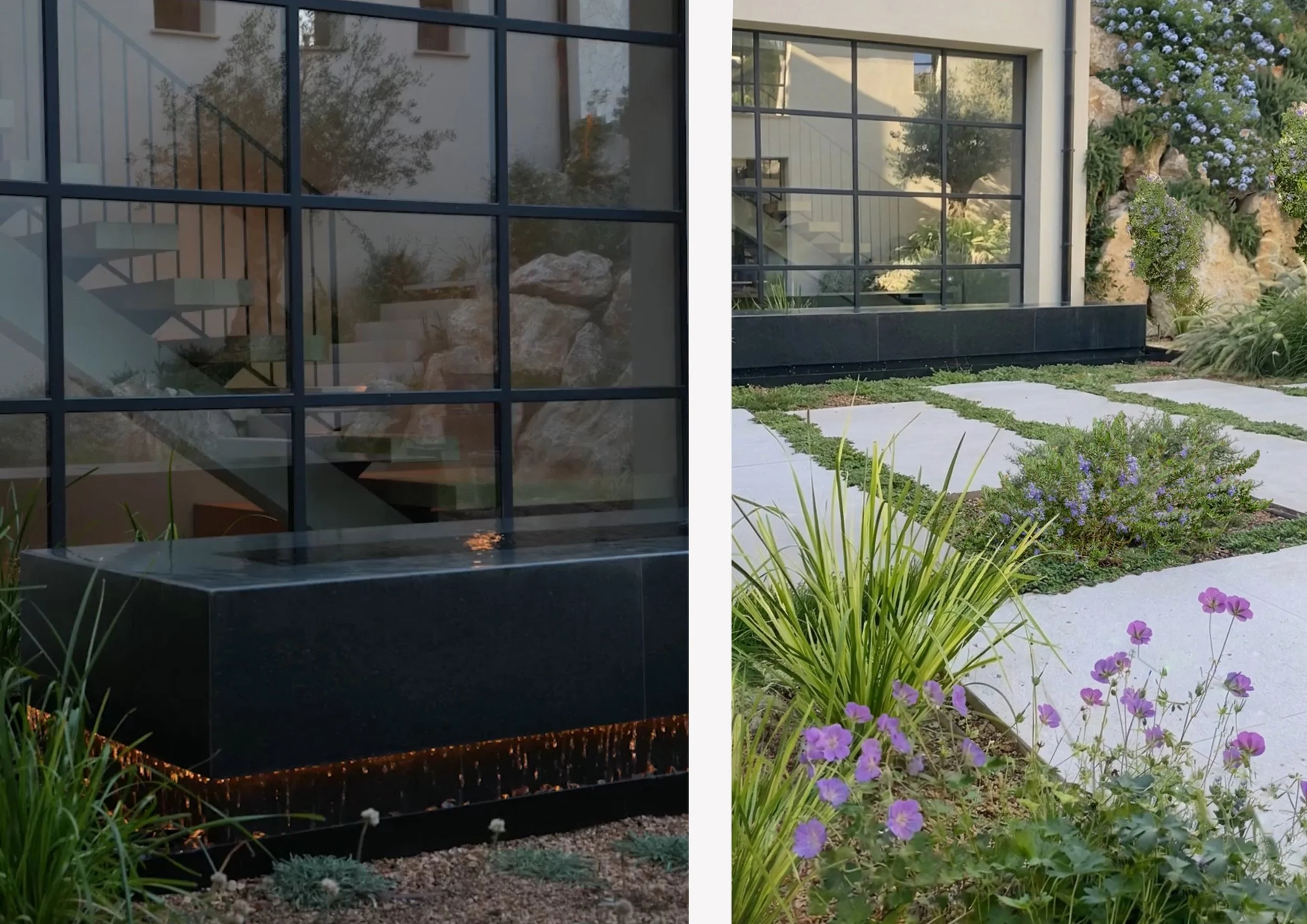 Contemporary courtyard fountain spilling into gravel trough surrounding by Mediterranean planting