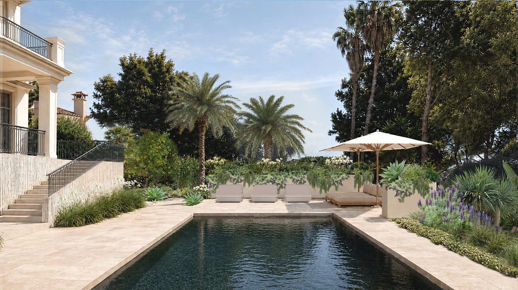 Garden design Mallorca with contemporary villa pool garden of palm trees, built in planters and ornamental grass 