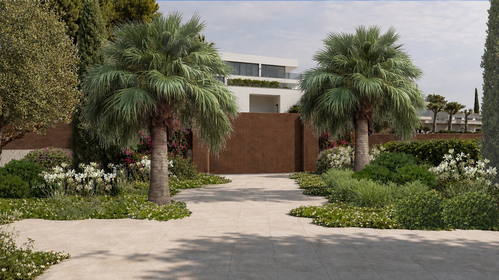 Front garden Mallorca with palm trees and corten gate