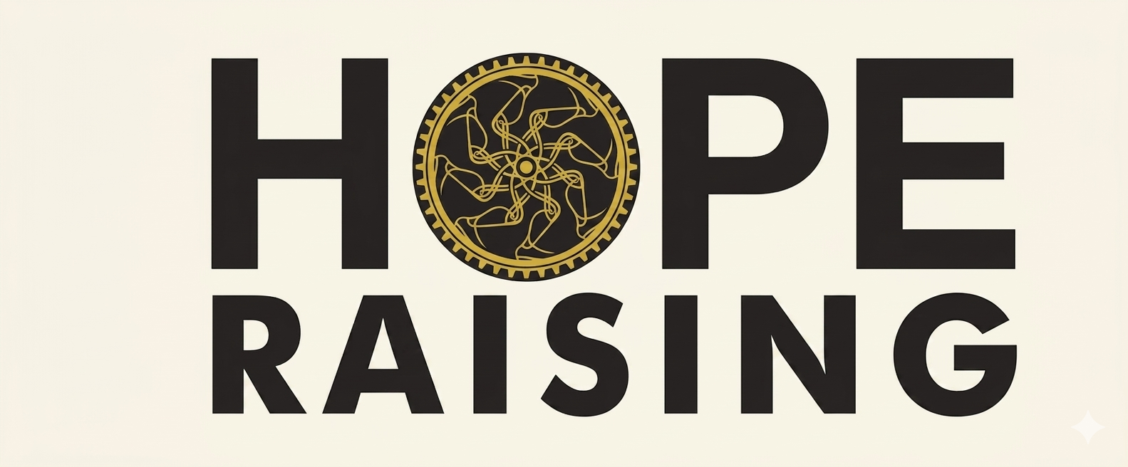 The image features the words "HOPE RAISING" in bold black letters on a light background. The letter "O" in "HOPE" is replaced by a circular emblem with a gold border and intricate gold lines inside.