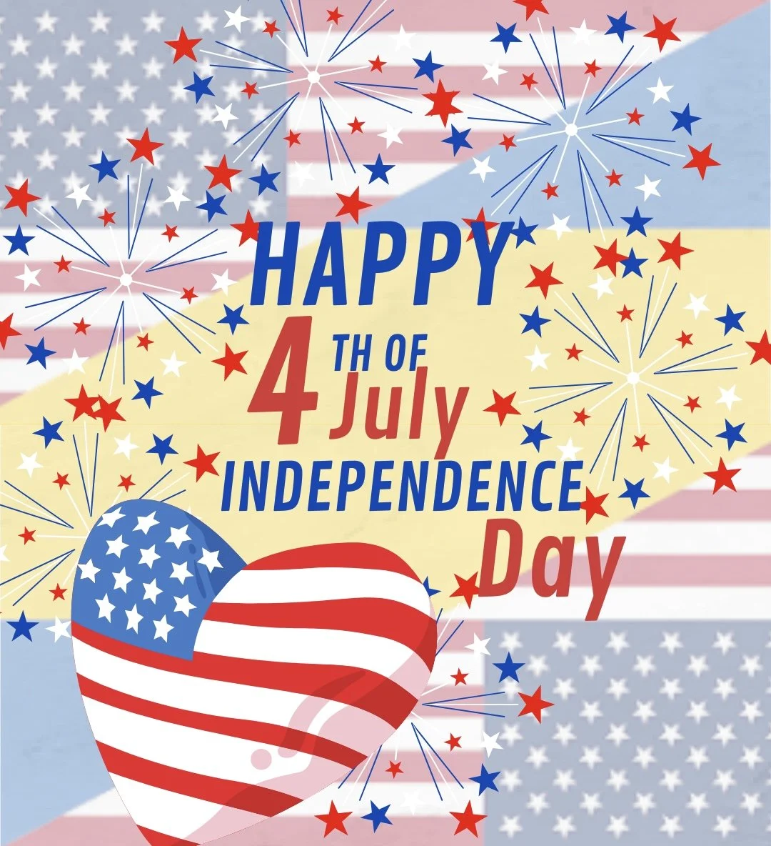 Celebratory 4th of July graphic with fireworks, American flag colors, stars, and a heart with a patriotic pattern for Independence Day.