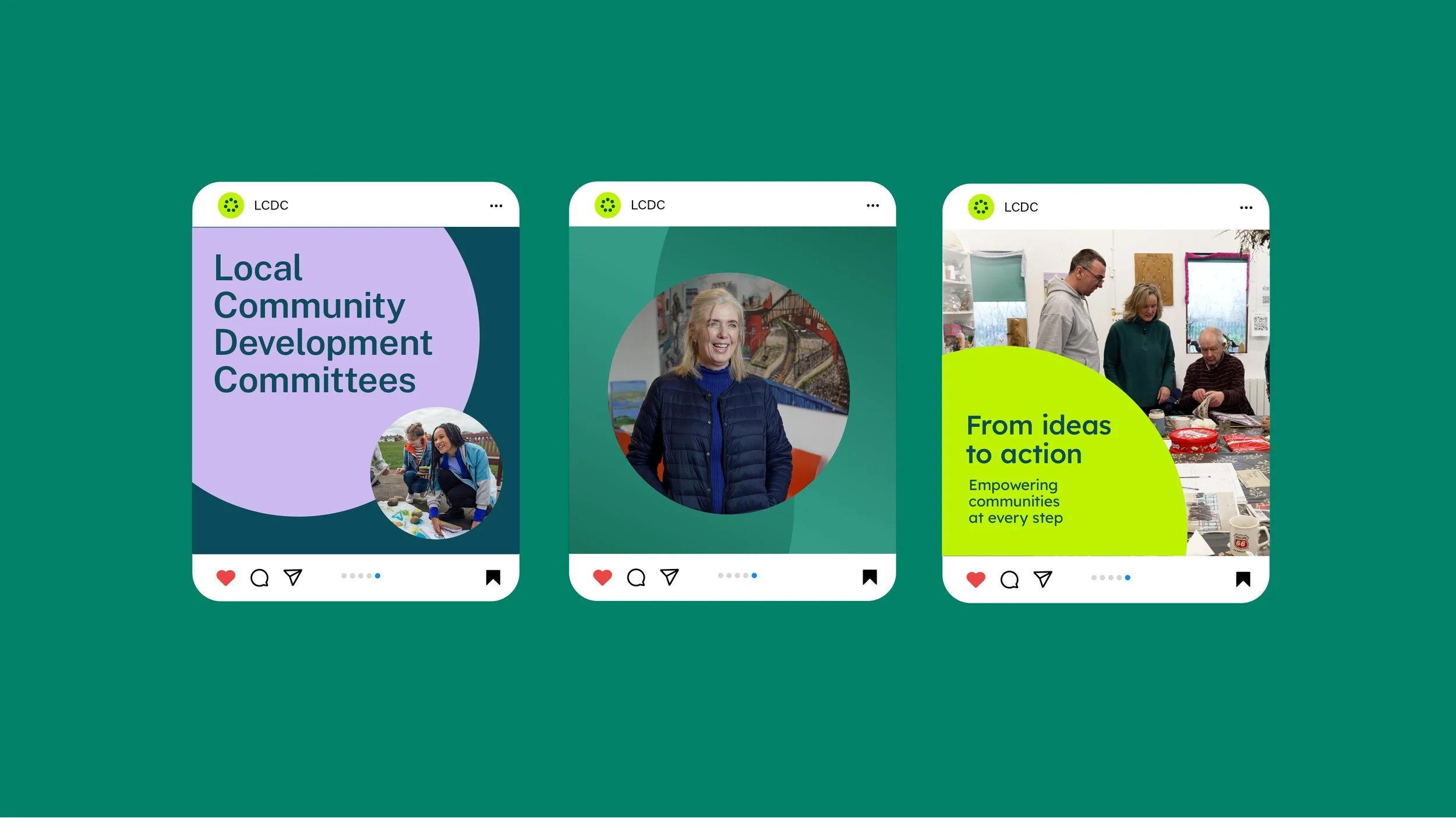 Three social media post previews related to community development. The first features the text 'Local Community Development Committees' with circular images of people working outdoors. The second shows a woman smiling in front of art and a train mural. The third depicts a group of people in a community space with a caption about empowering communities from ideas to action.
