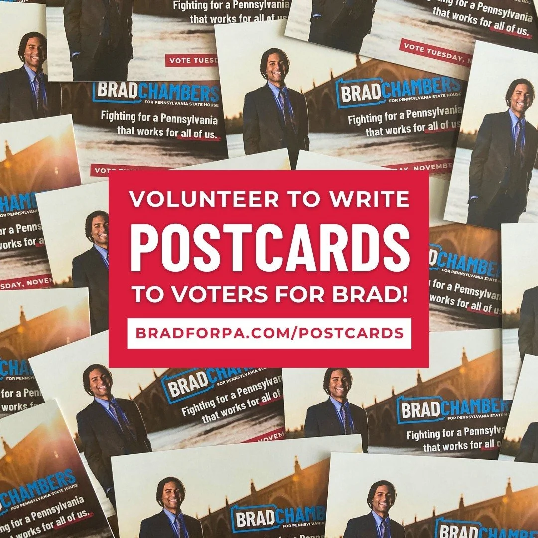 POSTCARDS ARE HERE! 📬 Help us spread the word about Brad's campaign for the 41st by writing postcards to local voters.
ㅤ
Each pack comes with 30 pre-addressed postcards. We'll even deliver them to you. Write a short message, add a stamp, and pop the