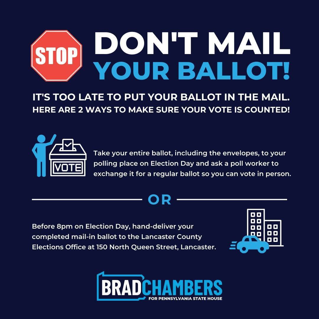 🛑 STOP&mdash;DON'T RETURN YOUR BALLOT BY MAIL!
ㅤ
Your mail-in ballot must be RECEIVED (not postmarked) by 8pm on Election Day. If you haven&rsquo;t mailed it back yet, it is TOO LATE to mail it and it will not arrive by Election Day.
ㅤ
👉 But you CA