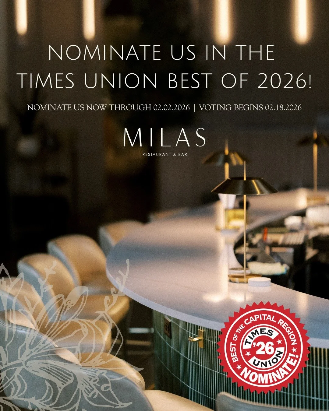 If Milas has been part of your favorite nights, we&rsquo;d be honored to have your nomination in the Times Union Best of 2026. We&rsquo;re so grateful for this community and for everyone who continues to support local 🍸