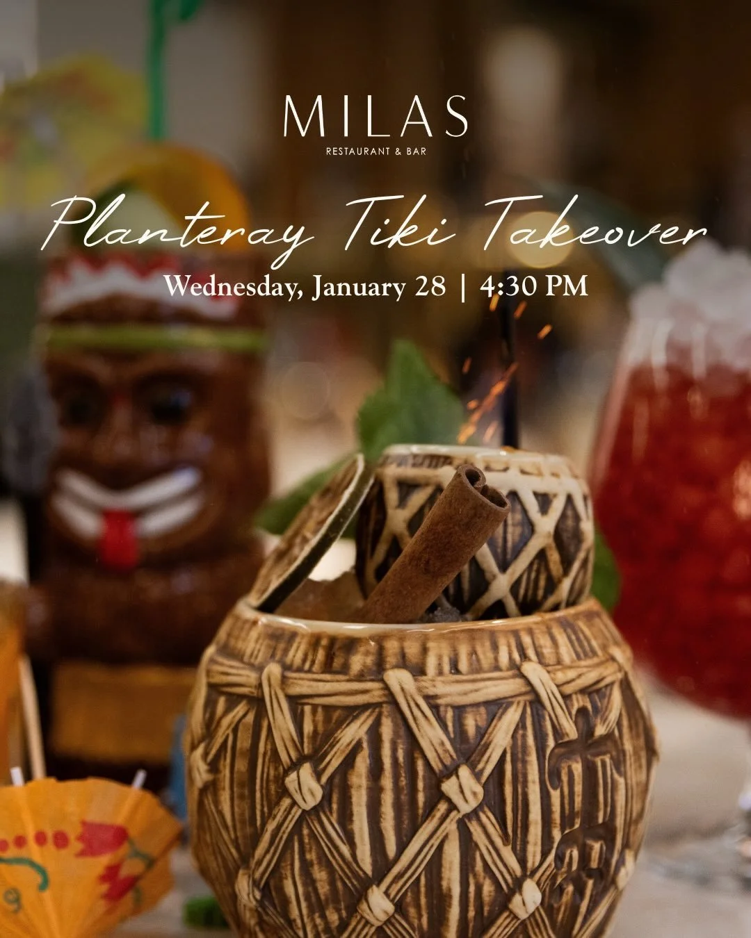 We may not be able to avoid the storm, but we can bring a little island energy to the bar 🌴

Join us for a Planteray Tiki Takeover - modern twists on the classics, tropical bites, and six signature cocktails designed to warm things up.

Wednesday, J