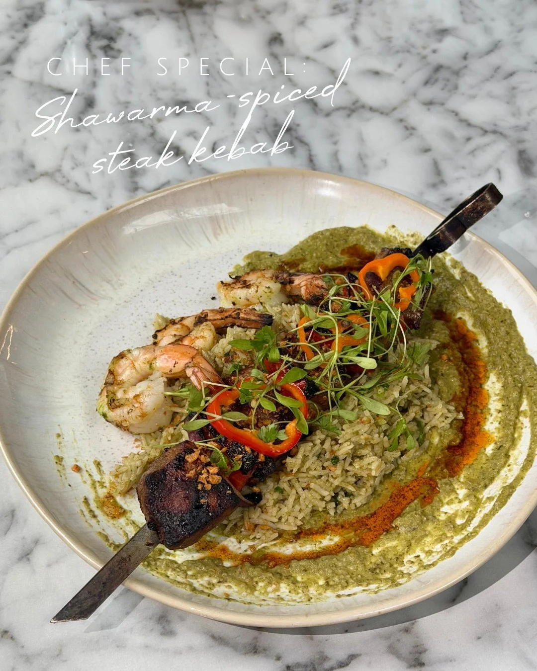 This week&rsquo;s chef special is a good one. Introducing the Shawarma-Spiced Steak Kebab crafted by Chef Eddie.

Shawarma-Spiced Steak Kebab | served over spanish rice, pipi&aacute;n verde salsa, saut&eacute;ed shrimp, crispy garlic, micro cilantro
