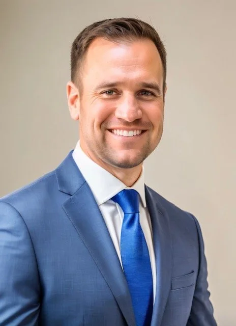 A smiling man in a blue suit, white shirt, and blue tie, posing against a neutral background.