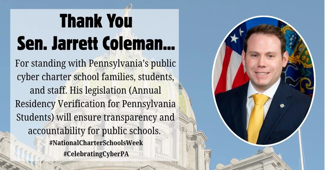 A big THANK YOU to Sen Coleman and Rep D'Orsie for standing with PA Cyber Charters and sponsoring this very important legislation! #CelebratingCyberPA #NationalCharterSchoolsWeek
