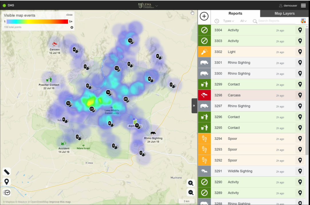  Vulcan’s EarthRanger software pinpoints places where animals were sighted, where potential poachers were encountered, and where rangers are active. Graphic courtesy Vulcan. 