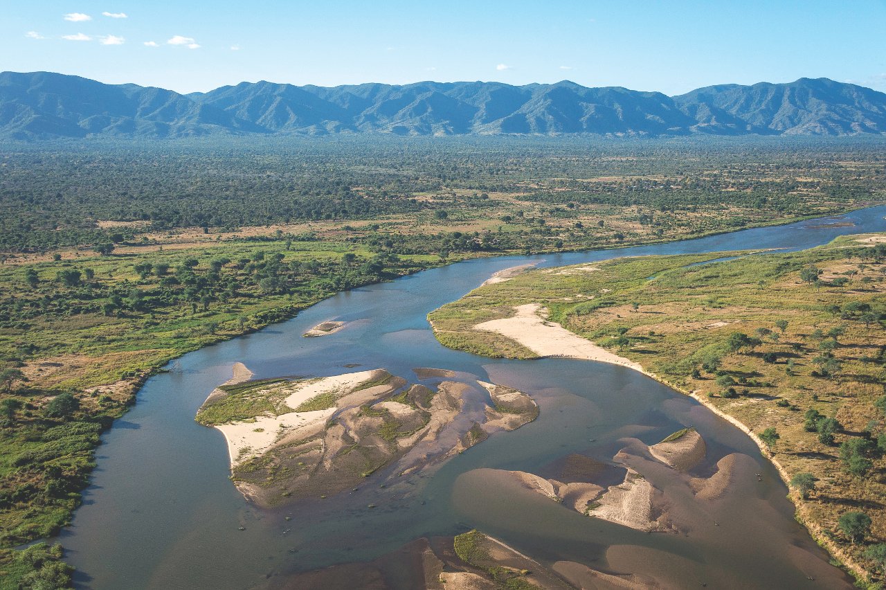 Aerial view of Mana Pools and the Zambezi River.