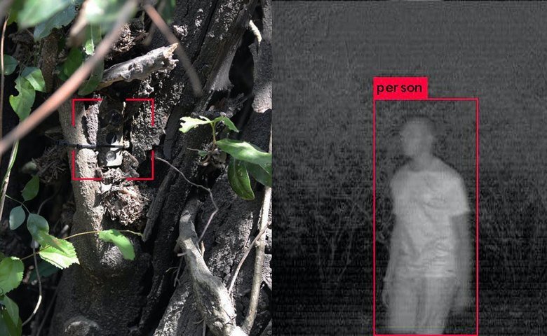  With a little bit of camouflage, the TrailGuard&nbsp;(left) is practically invisible. This means that poachers can be detected (right) without ever knowing that they're being watched. Image courtesy RESOLVE. 