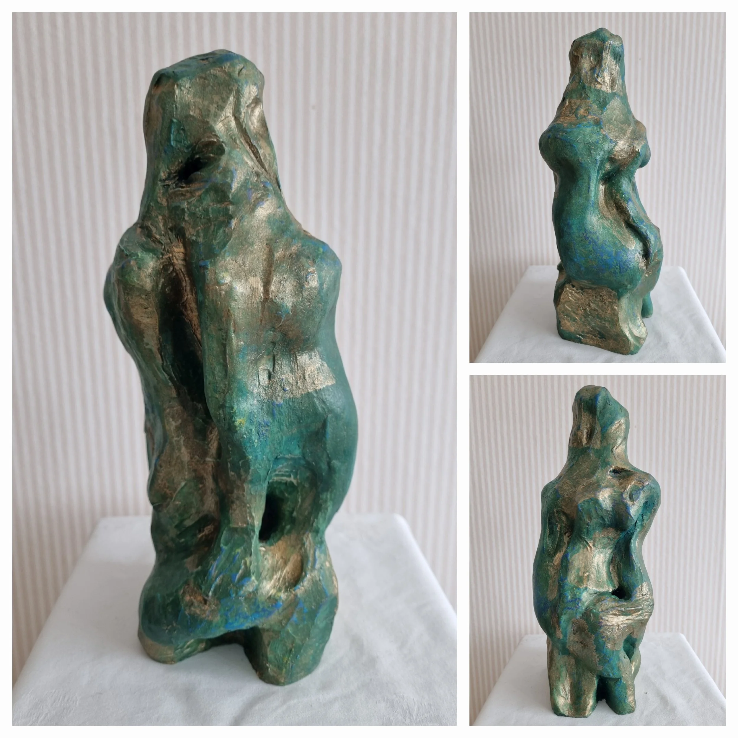 A statue of an abstract human figure on a white pedestal, showing different angles of the sculpture with a textured background. Abstract ceramic sulpture by Finnish artist Satu Metsola