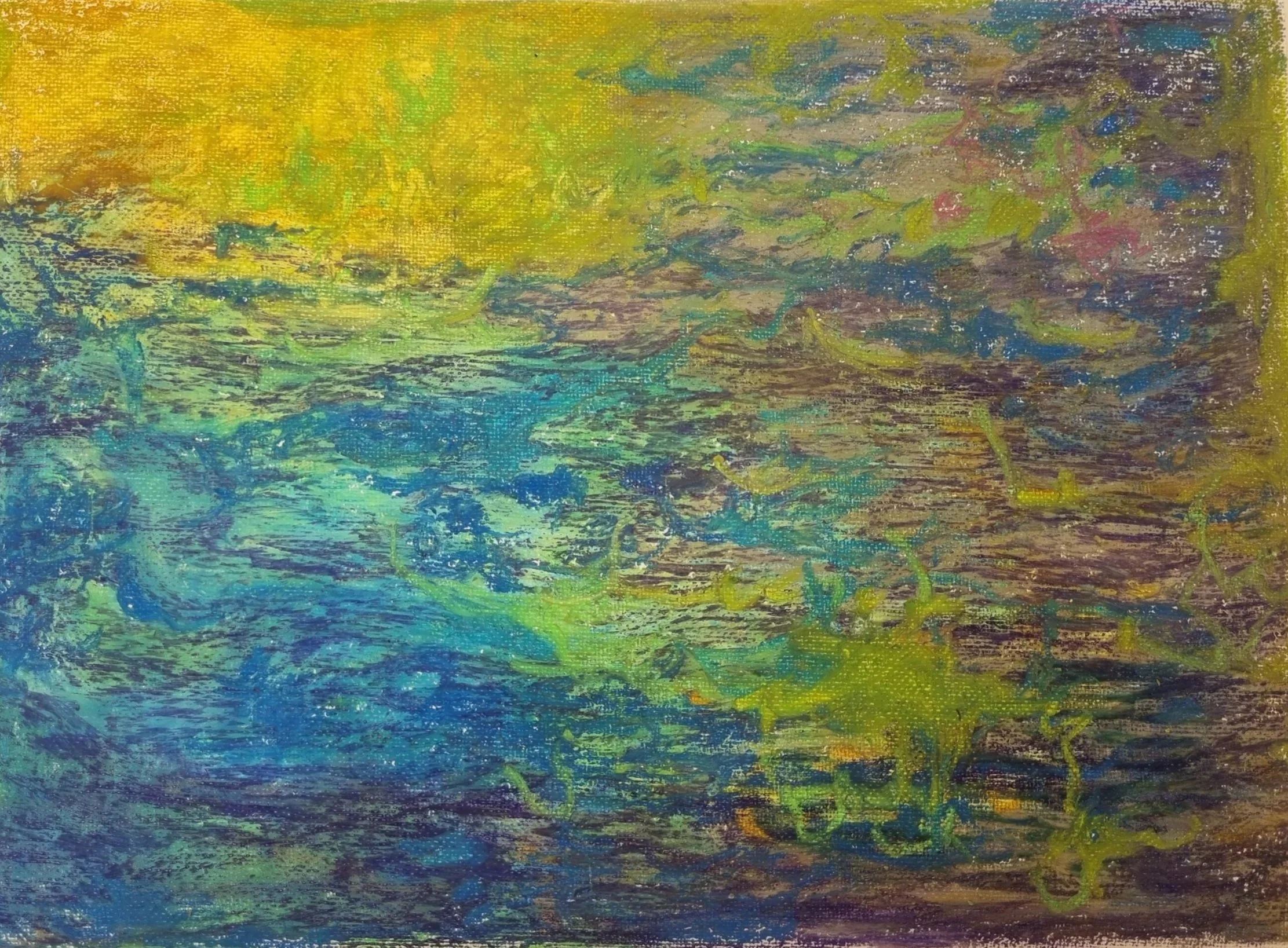 Korppoo series 2025. These paintings emerged from listening to the sounds around me and allowing each sound to find its own form, place, and colour. 
I am also interested in synaesthesia. What is the relationship to landscape without the sense of sig