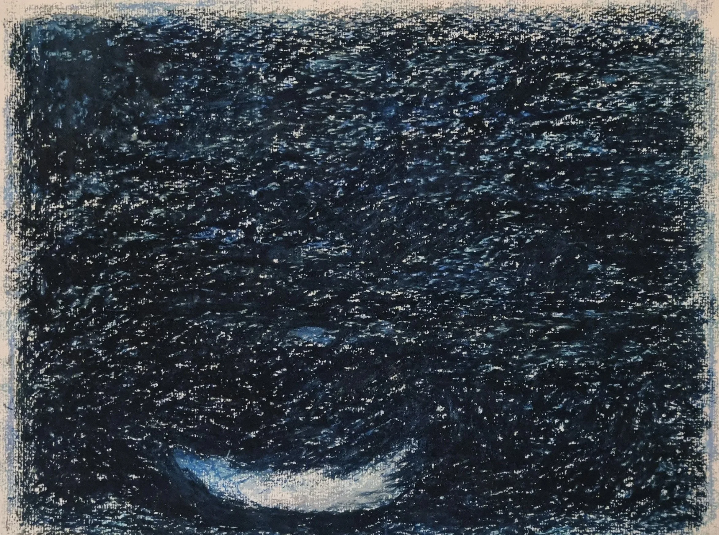 Painting of a feather floating on a dark, choppy body of water, with reflections of light on the waves. Finnish artist Satu Metsola, oil pastel painting