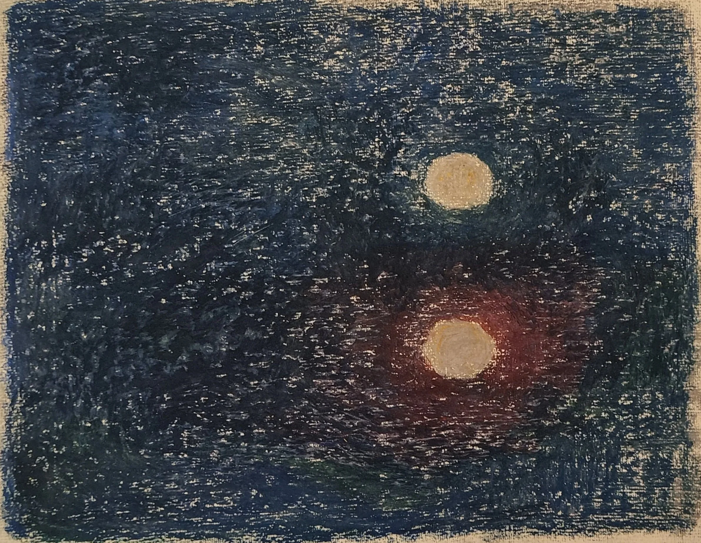 The image depicts a serene night scene with a bright full moon in the sky reflecting on a body of water. The water's surface is textured with ripples, and the overall scene has a peaceful, calm atmosphere. An abstract oil pastel painting Satu Metsola