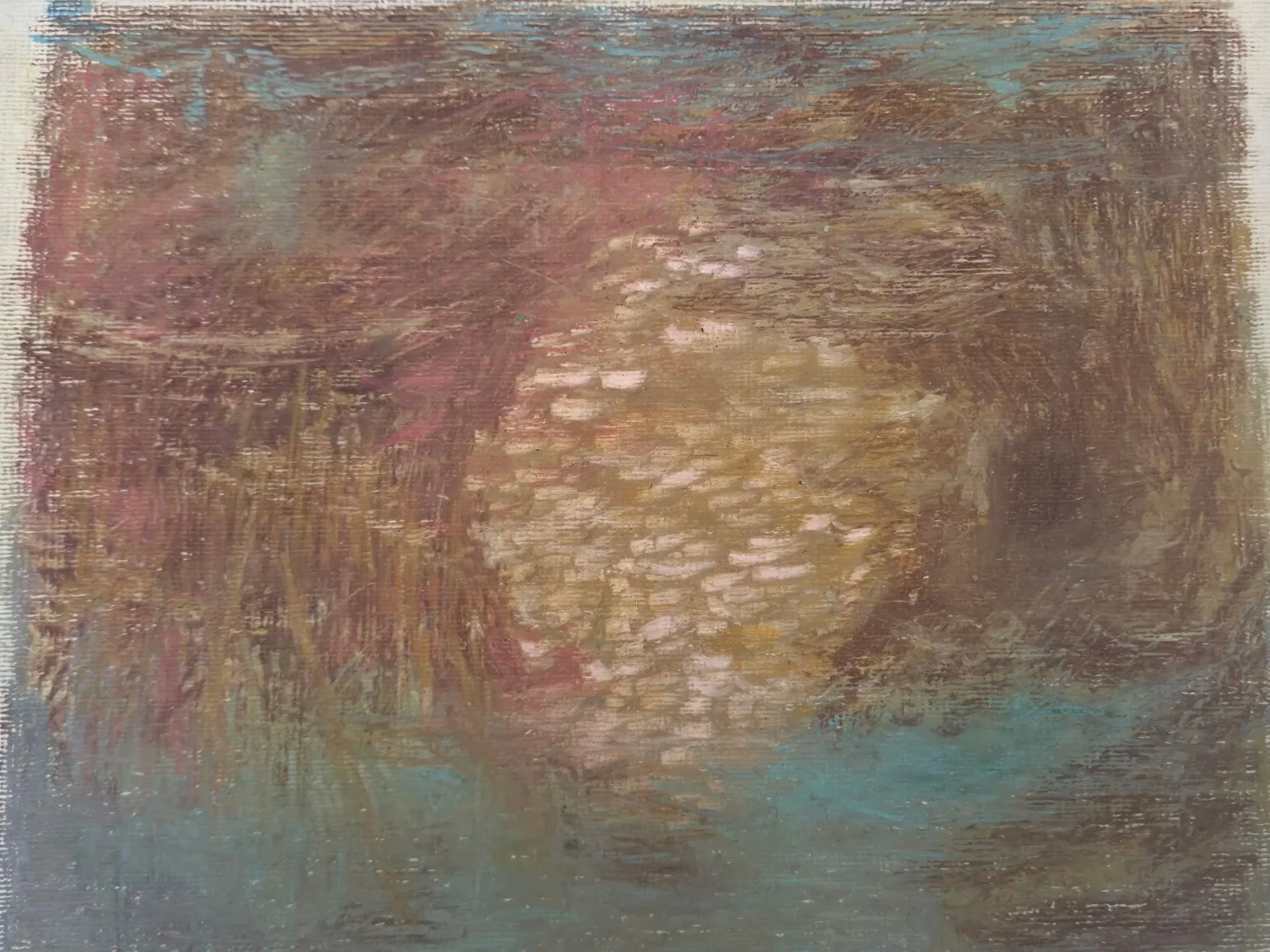  An abstract oil pastel painting with brushstrokes in brown, pink, blue, and gold hues. By Finnish artist Satu Metsola