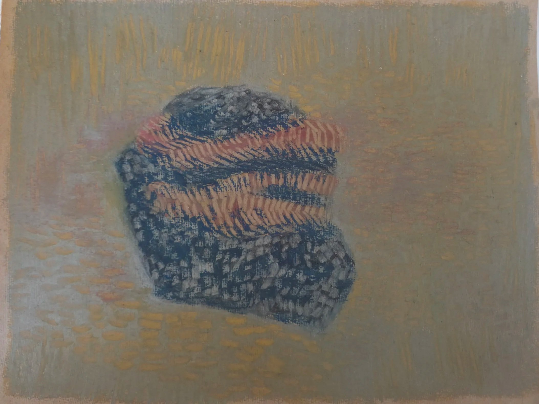 A small turtle with a patterned shell and head emerging from the water, on a textured pinkish-brown and black object, possibly a mushroom or rock, on a sandy or muddy surface with scattered yellowish and greenish hues.