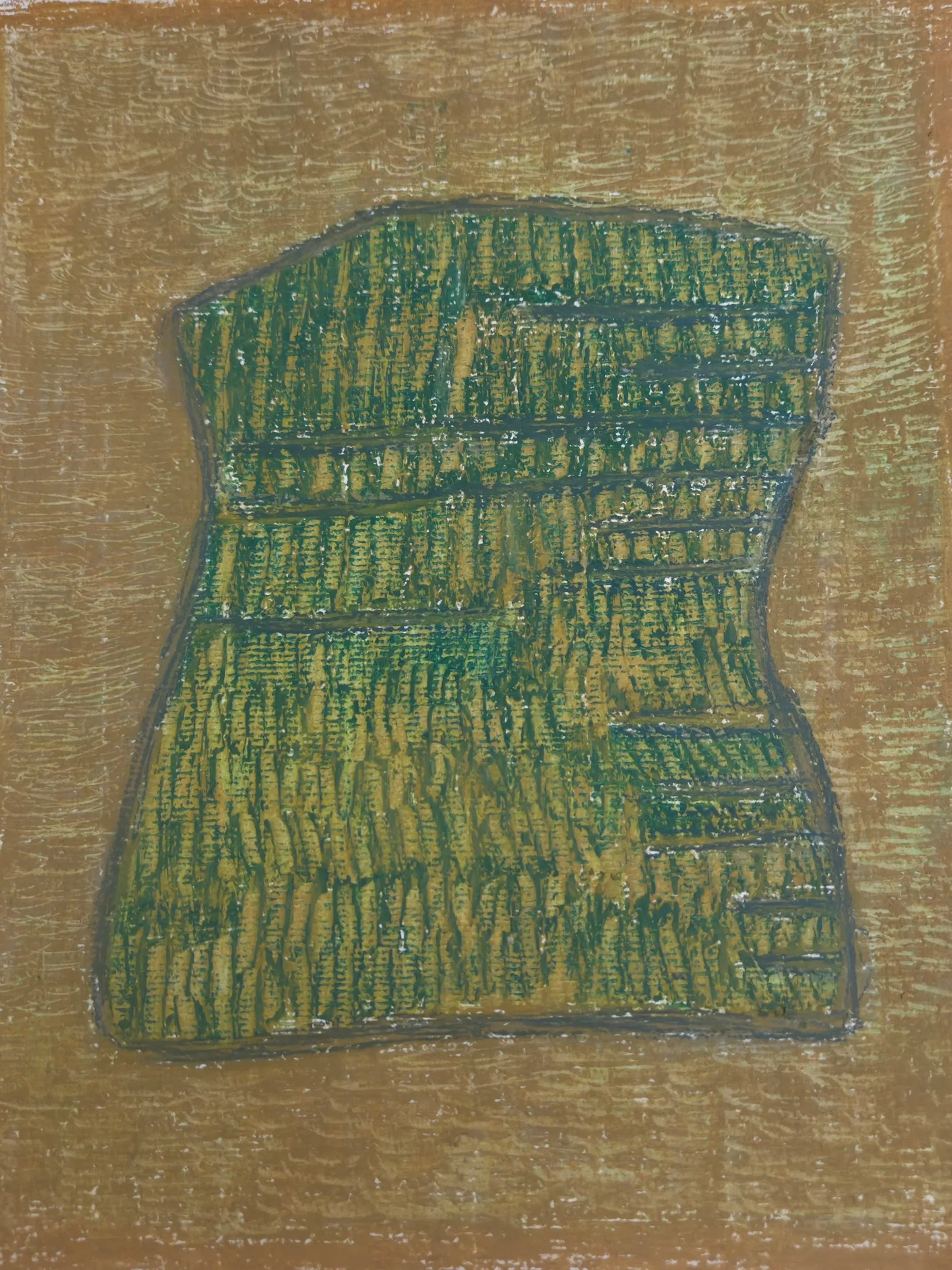  An abstract oil pastel painting in brown, green, and gold hues. By Finnish artist Satu Metsola. Inspired by Andros landscape in Greece