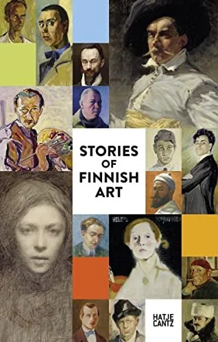 Cover of a book titled 'Stories of Finnish Art' featuring a collage of various Finnish artists' portraits and artworks.