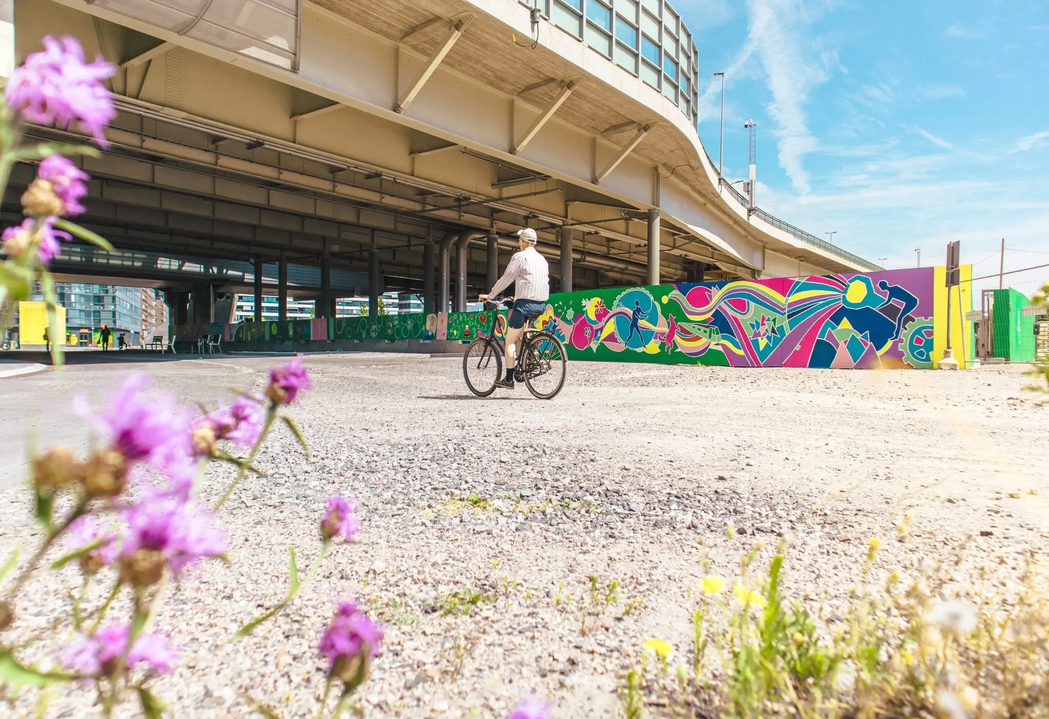 A person riding a bicycle under an overpass with colorful graffiti art on the wall, and pink flowers in the foreground on a sunny day.