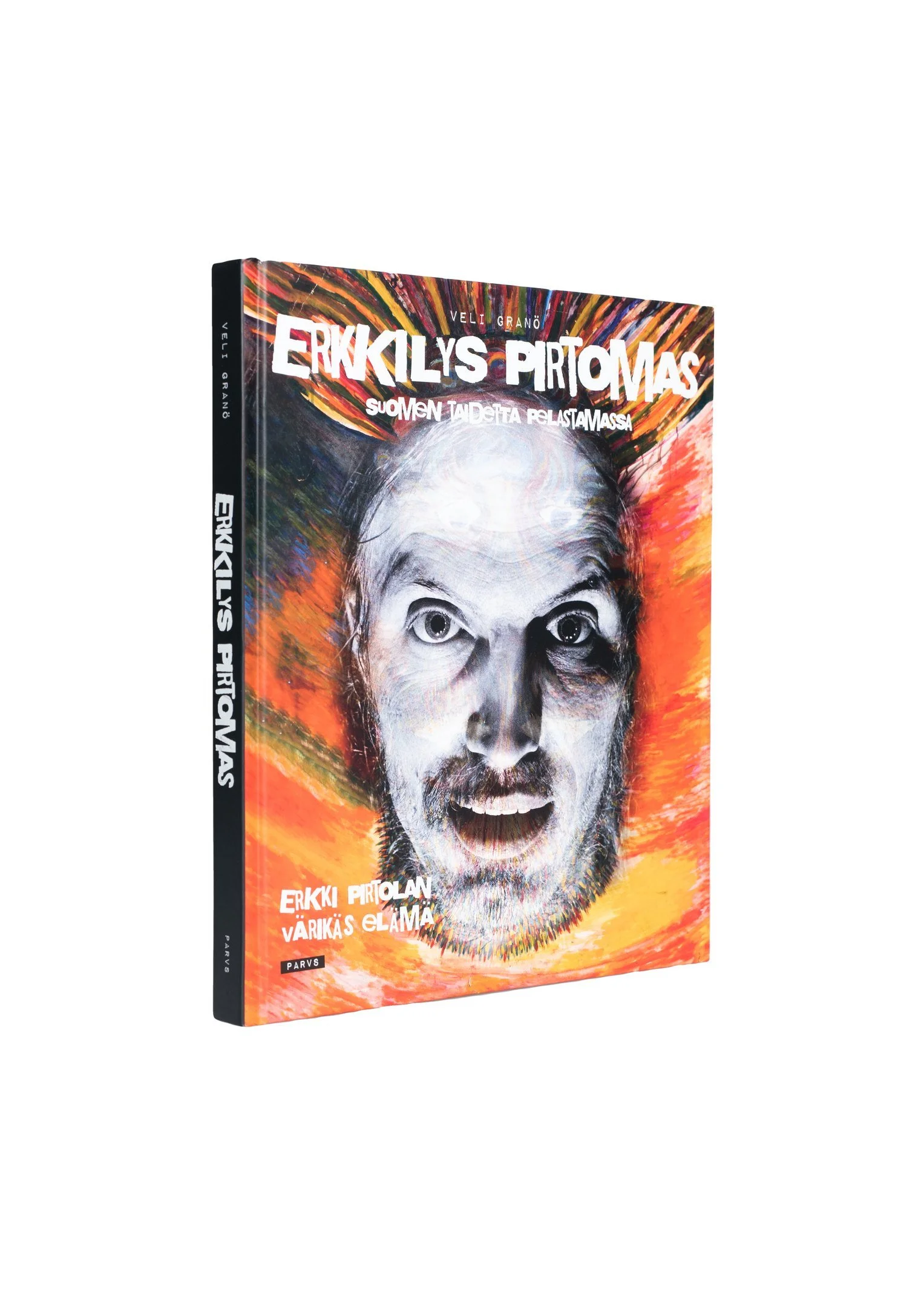 A colorful book cover featuring a close-up illustration of a man's face with an open mouth, holding a surprised expression, with a swirling, vibrant background of reds, oranges, and yellows. The title is in large, bold white letters at the top, with additional text in smaller white font below.
