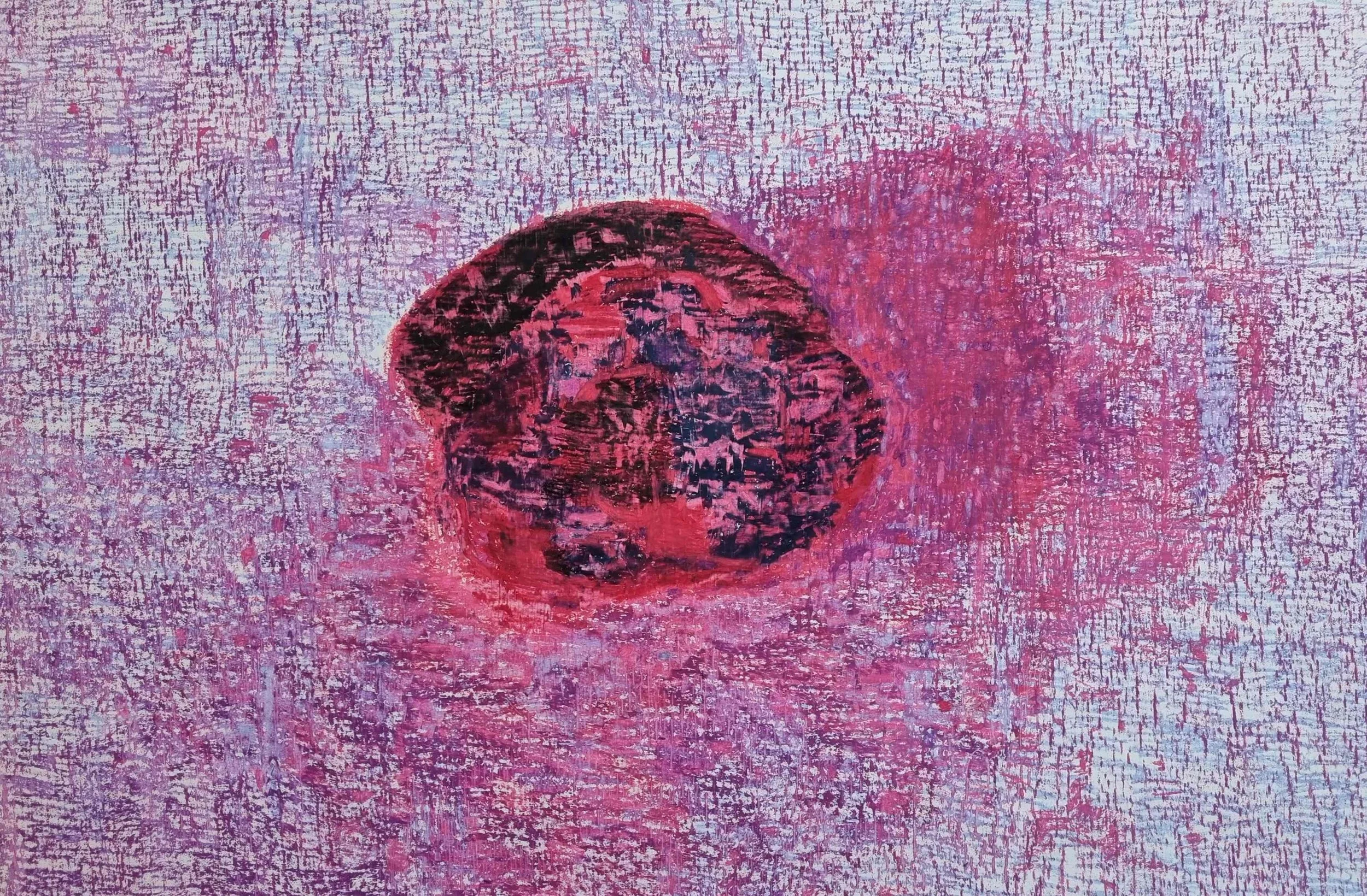 Close-up of a textured pink, purple, and blue abstract painting with a dark circular shape in the center.